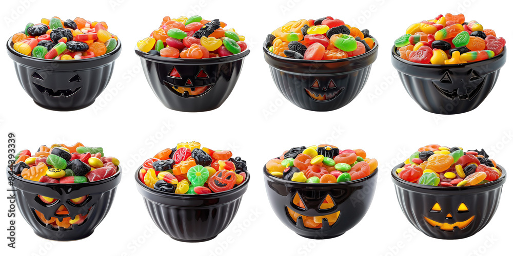 Set of Halloween Candy Bowl isolated on transparent png background. Generative ai Set of Halloween Candy Bowl isolated on transparent png background. Generative ai