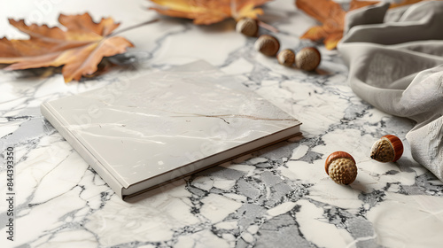 Mockup of a void folio on a granite countertop with autumn acorns 