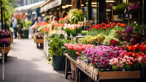 Blurred image of flower market in Paris, France. Blurred background