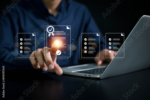 Business standard certificate concept. Businessman touch Certified business documents on virtual screen . service Quality assurance, Guarantee, ISO , Standards quality assurance .