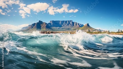 A large wave crashing into the ocean near a mountain