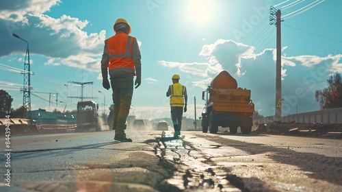 road workers on the road. heat weather, sunny day. 