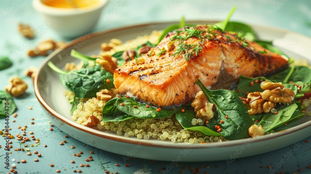 Realistic illustration of a balanced, heart-healthy meal with a spinach and walnut salad, grilled salmon, and a side of quinoa. The minimal style highlights nutrient-dense, heart-healthy ingredients, Realistic illustration of a balanced, heart-healthy meal with a spinach and walnut salad, grilled salmon, and a side of quinoa. The minimal style highlights nutrient-dense, heart-healthy ingredients,