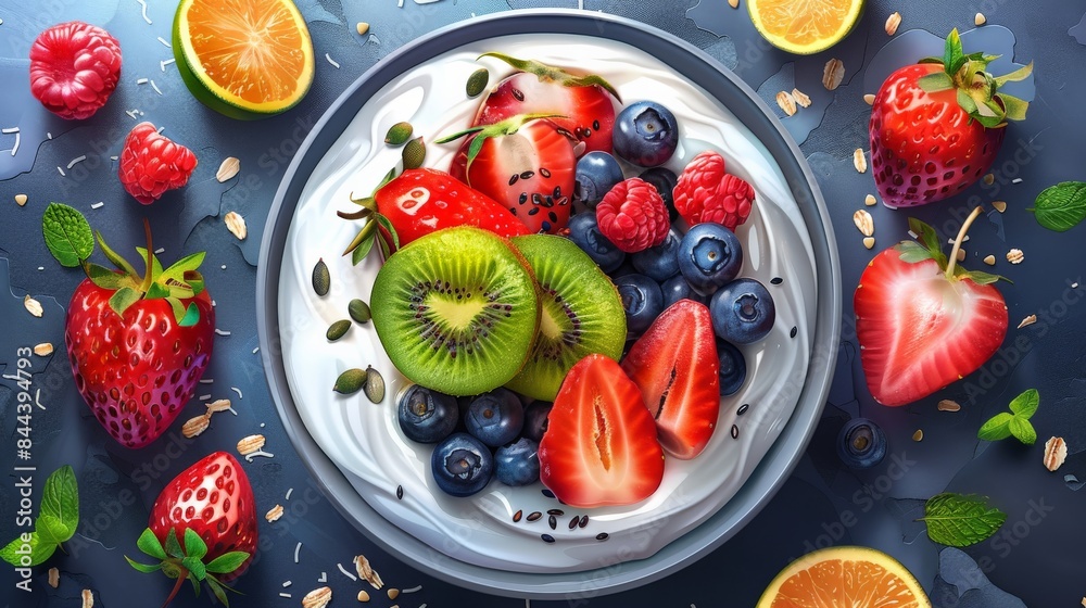 Minimal style, realistic depiction of a plate of dairy-free options with a coconut milk yogurt bowl topped with fresh fruits and seeds. This illustration emphasizes healthy eating and dairy-free