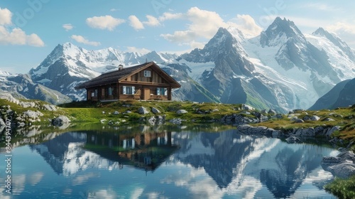 A wooden house in the mountains, with snowcapped peaks and green grass around it. In front of them is an mirrorlike lake reflecting the majestic mountain range © Ammar