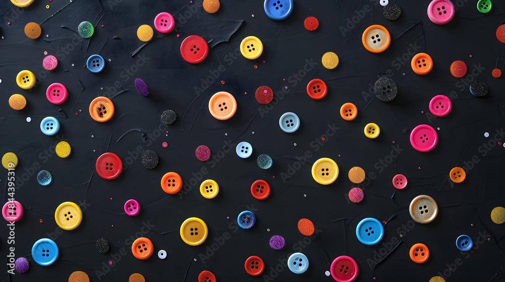 Neon buttons and circular stickers scattered on a black background Neon buttons and circular stickers scattered on a black background