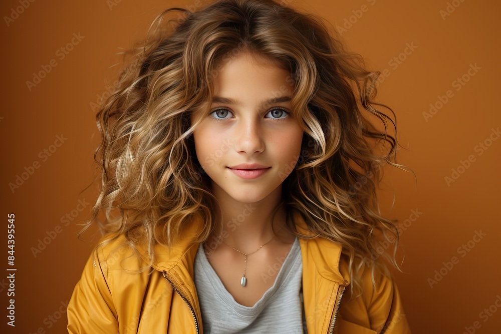 Portrait of a little girl in yellow clothes with curls on her head smiling on a yellow background.