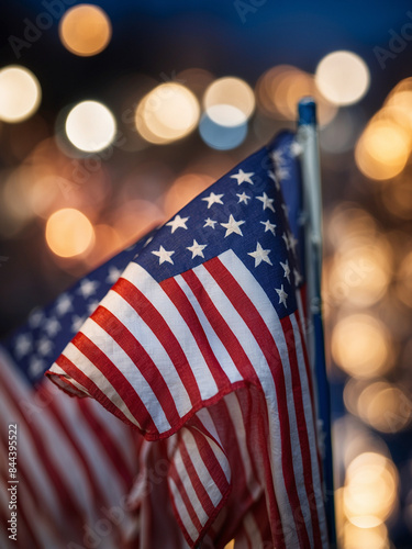 Independence Day, Close-Up of American Flag with Festive Bokeh Lights