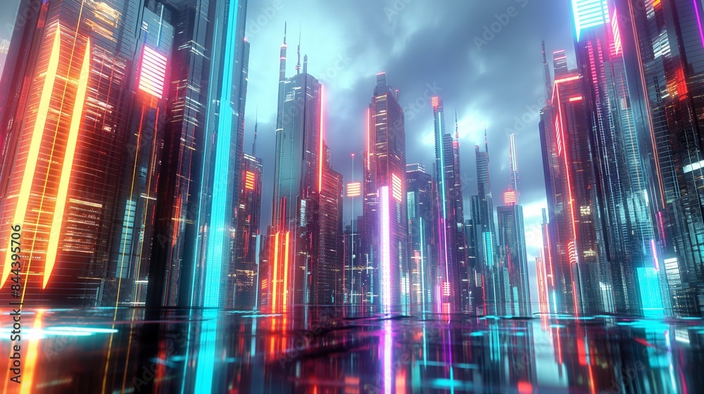 A futuristic cityscape filled with towering buildings, glowing with ...