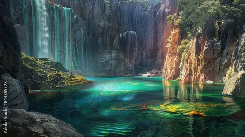 A serene lake surrounded by towering cliffs its waters a swirling mix of vibrant colors. It is said that this is where the souls of the departed go to rest and reflect on © Boraryn