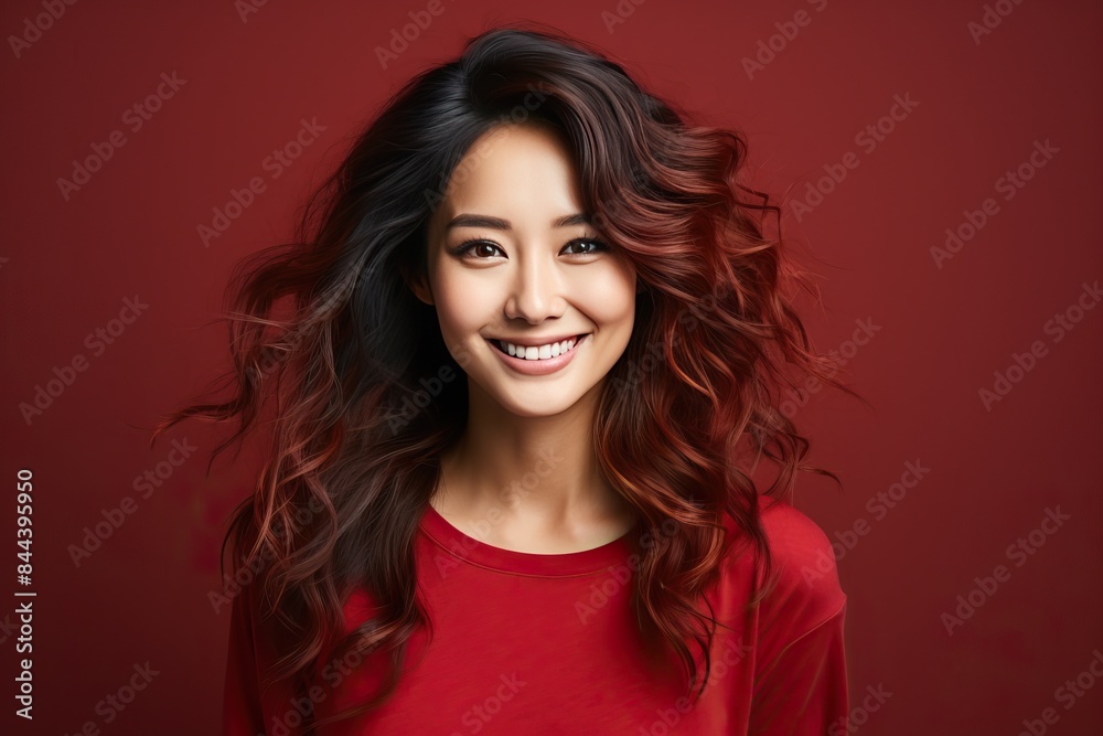 portrait of a smiling Asian woman on a red background . portrait of a smiling Asian woman on a red background .