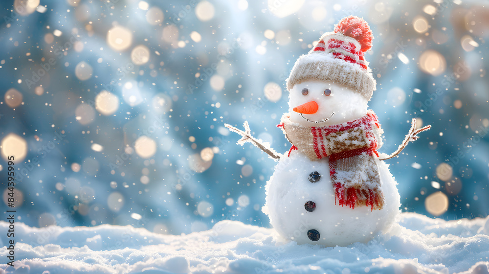 photo of a happy snowman with a scarf and hat standing in the snowy landscape on a christmas background. snow falling photo of a happy snowman with a scarf and hat standing in the snowy landscape on a christmas background. snow falling