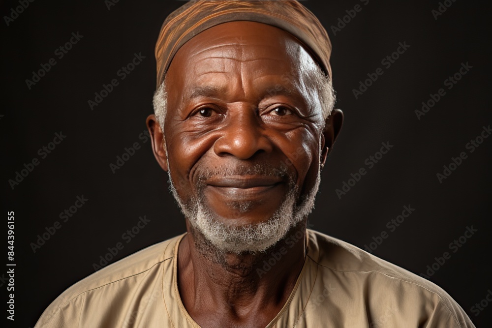 Portrait of a senior African man with gray hair and a slight smile on a black background.