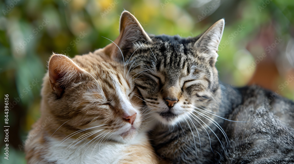 Two fluffy cats showing love by gently grooming each other in a cozy setting. Two fluffy cats showing love by gently grooming each other in a cozy setting.