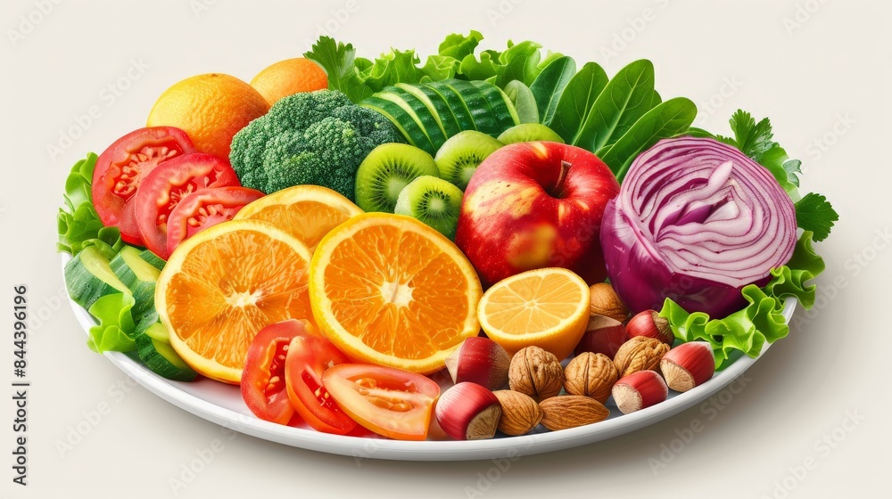 Realistic illustration of a raw food diet plate with fresh fruits, vegetables, and nuts. The minimal style emphasizes the health benefits of raw, unprocessed foods, showcasing the vibrant colors and Realistic illustration of a raw food diet plate with fresh fruits, vegetables, and nuts. The minimal style emphasizes the health benefits of raw, unprocessed foods, showcasing the vibrant colors and