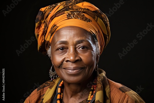 Portrait of an old African woman wearing a traditional yellow headdress and neck jewelry on a black background. photo