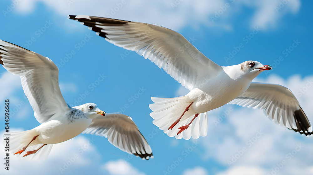 Two seagulls gracefully glide through the clear blue sky, showcasing their wingspan and freedom. Two seagulls gracefully glide through the clear blue sky, showcasing their wingspan and freedom.
