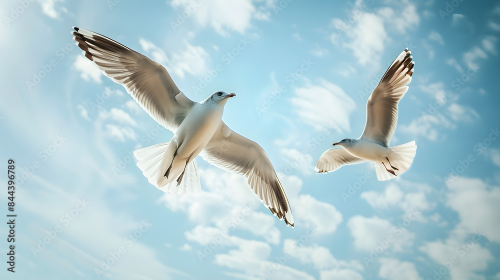 Two seagulls gracefully flying through a bright blue sky, captured in mid-flight by photographer. Two seagulls gracefully flying through a bright blue sky, captured in mid-flight by photographer.