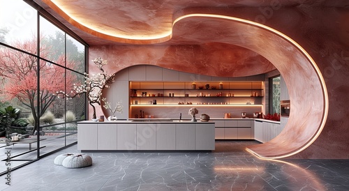 Kitchen mockup, oriental minimalism, irregular curvilinear shapes, unconventional use of space, , light pink and dark gray with orange led lights photo