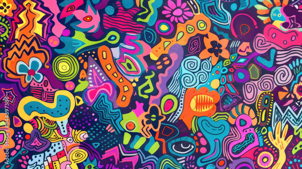 Naklejka premium Expressive and Colorful Doodle Art Mural Pattern