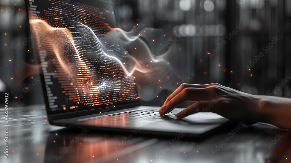 Hand of computer programmer works with coded laptop screen featuring ...