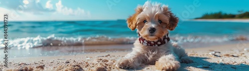 Puppy with a winter scarf and surfboard on a sunny beach, festive and tropical setting, Christmas in July vibes, lively colors, realistic and detailed image photo