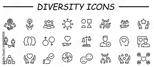 Diversity icon set. Containing equality, culture, languages, tolerance, difference, belonging, human rights and ethnicity icons. Flat icon collection. Vector illustration.