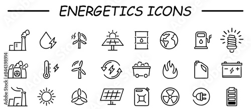 Energetics. Electric energy linear icons set. Electricity. Power generation and accumulation. Icon set. Isolated vector.