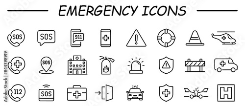 Emergency web icons in line style. Evacuation, SOS emergency call, ambulance, help, emergency hotline, exit, collection. Vector illustration.