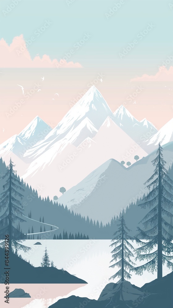 A minimalist graphic design of a serene mountain landscape, with clean lines and simple shapes depicting the peaks, trees, and a tranquil lake under a pastel sky. 32k, full ultra hd, high resolution