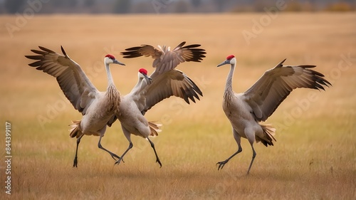 cranes in the savannahFighting sandhill cranes in midair in a field