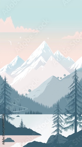 A minimalist graphic design of a serene mountain landscape  with clean lines and simple shapes depicting the peaks  trees  and a tranquil lake under a pastel sky. 32k  full ultra hd  high resolution