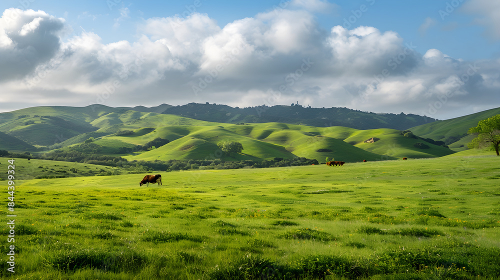 Cows peacefully graze in a lush green pasture with rolling hills under a sunny sky. Cows peacefully graze in a lush green pasture with rolling hills under a sunny sky.