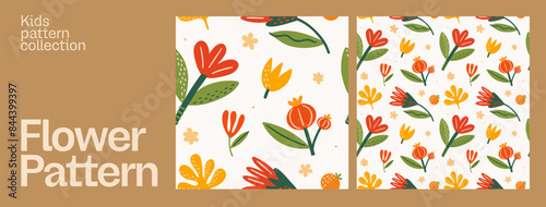 Seamless floral pattern on a light background. Decorative leaves, fantastic flowers and buds. Botanical decorative tracery. Vector illustration in flat style.