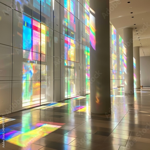 A series of glass windows casting rainbow light patterns inside a modern art museum. 