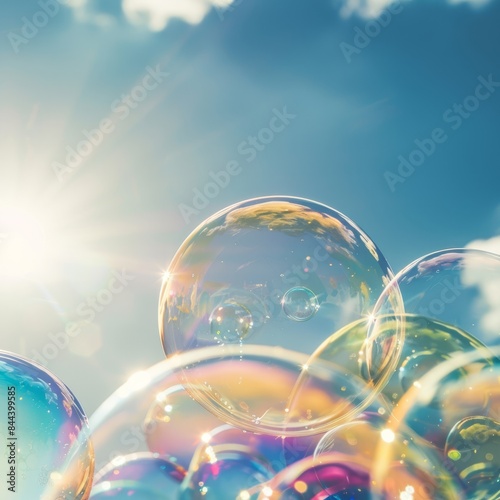 A close-up of soap bubbles reflecting rainbow colors against a sunny blue sky. 