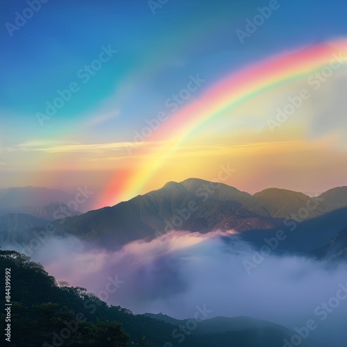 A rainbow formed over a misty mountain range at dawn. 