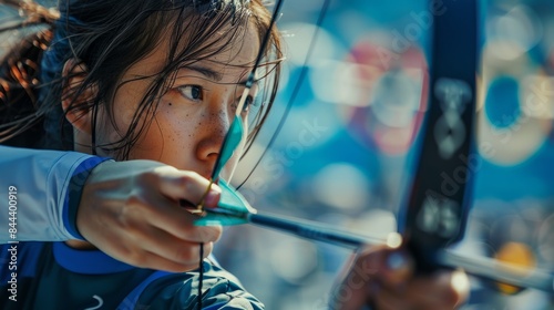 An archer aiming at a distant target, showcasing precision and skill in a display of athletic excellence.