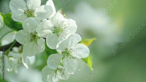 Close up of white cherry blossoms against a green backdrop photo