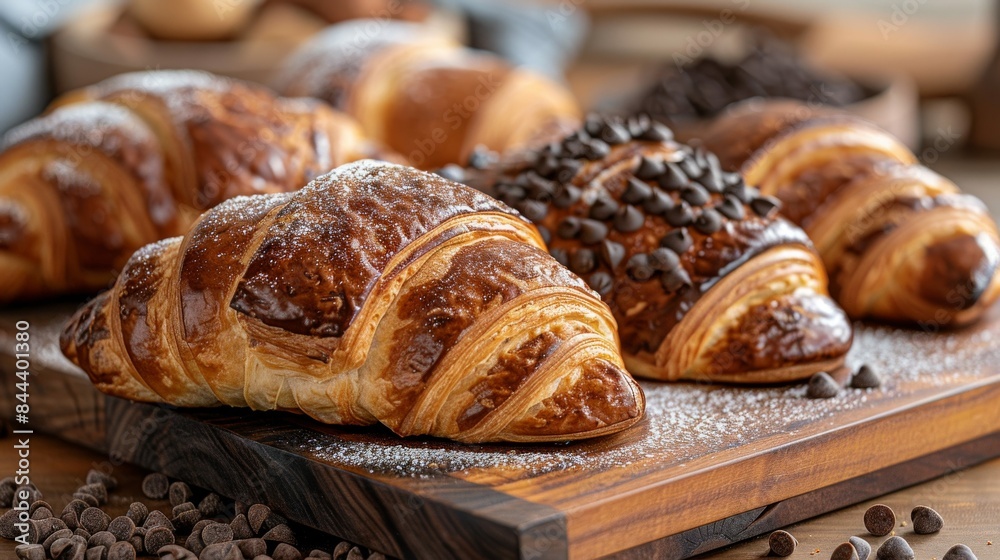 Pain au Chocolat: A tray of chocolate croissants with their signature layers and chocolate filling arranged on a rustic wooden board. 