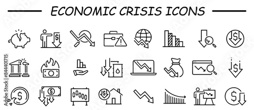 Economic crisis web icon set in line style. Decrease, layoff, job fired, pay cuts, low cost, collection. Vector illustration.