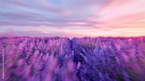An abstract of a lavender field at sunset  with the soft purple hues blending into the sky.