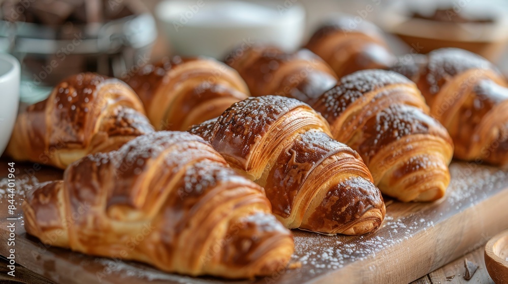 Pain au Chocolat: A tray of chocolate croissants with their signature layers and chocolate filling arranged on a rustic wooden board. 