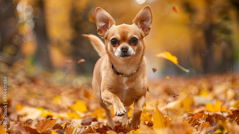 chihuahua dog running outdoors in autumn, in the park on the yellow fallen leaves background chihuahua dog running outdoors in autumn, in the park on the yellow fallen leaves background