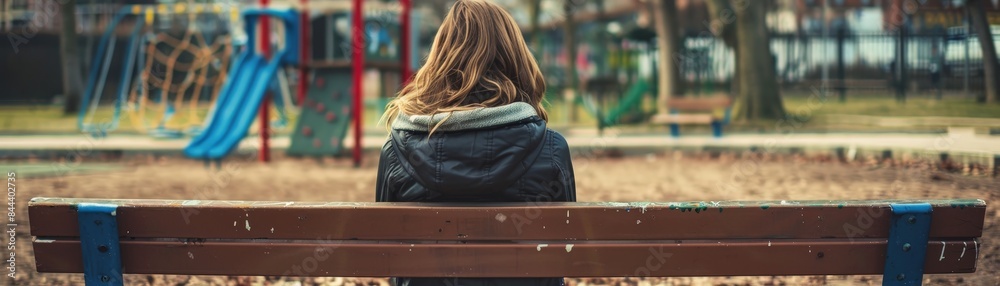 Solitude and Sadness: Woman Contemplating Alone on Park Bench Overlooking Empty Playground