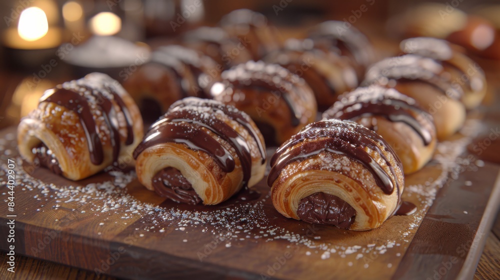 Pain au Chocolat: A tray of chocolate croissants with their signature layers and chocolate filling arranged on a rustic wooden board. Pain au Chocolat: A tray of chocolate croissants with their signature layers and chocolate filling arranged on a rustic wooden board.