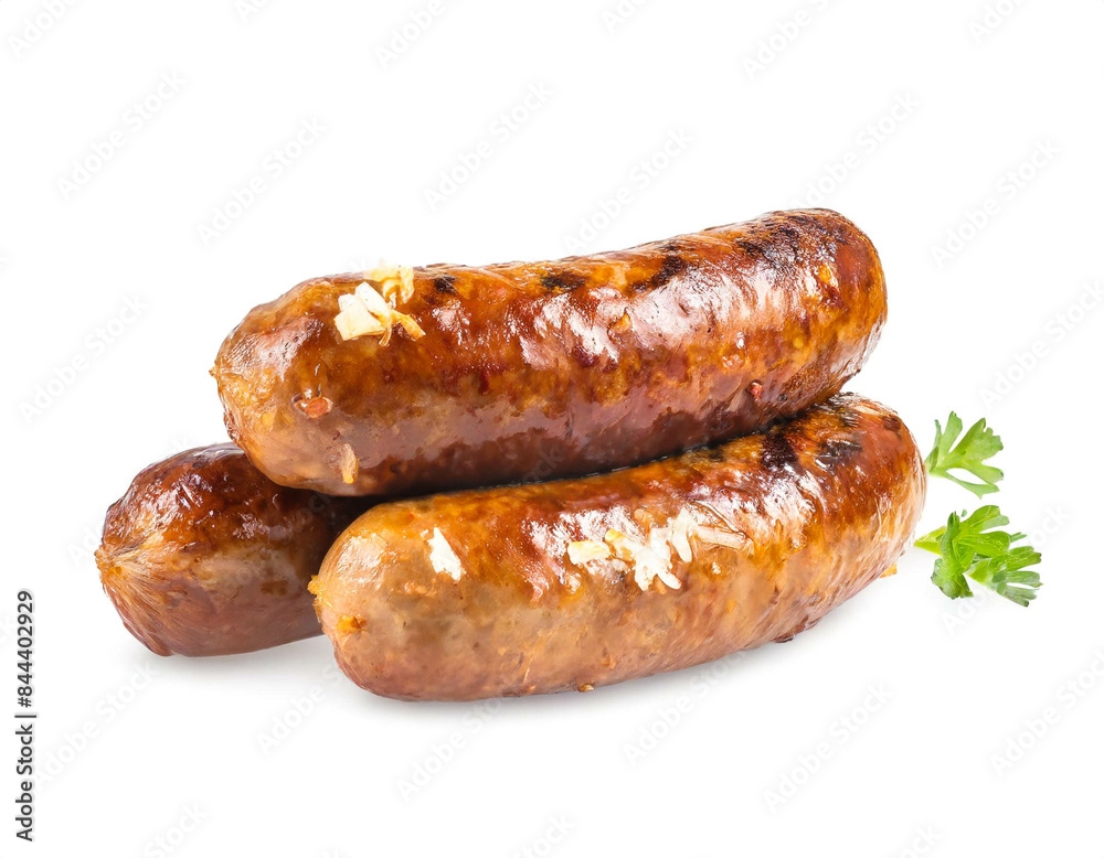gebratene frische Bratwurst isoliert auf weißen Hintergrund, Freisteller gebratene frische Bratwurst isoliert auf weißen Hintergrund, Freisteller