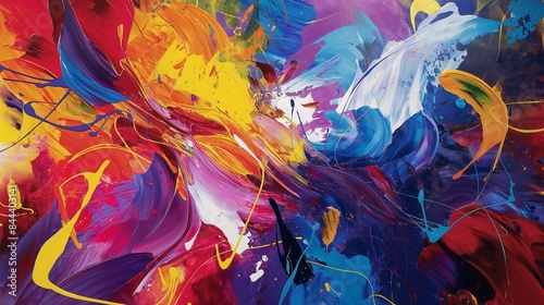 A vibrant abstract painting with bold splashes of color, swirling and intertwining to create a sense of movement and energy. 32k, full ultra hd, high resolution