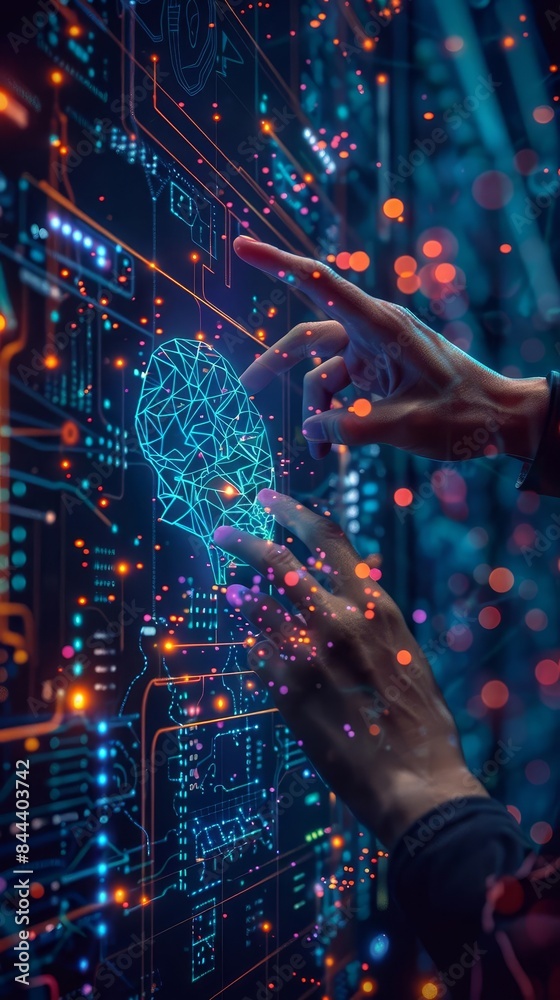Hands interacting with a digital brain on a futuristic technology interface.