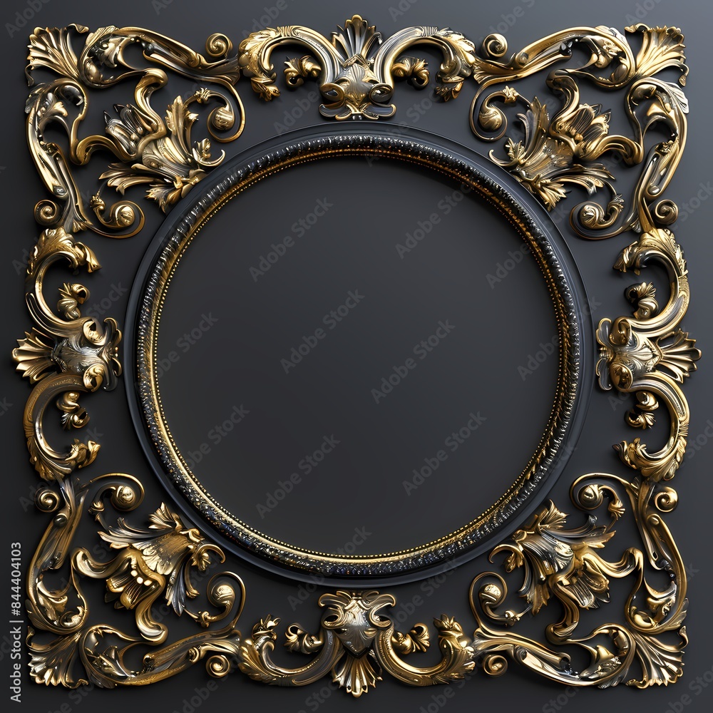 Mock up empty white picture painting frame border, on black background, golden Louis luxury style Mock up empty white picture painting frame border, on black background, golden Louis luxury style